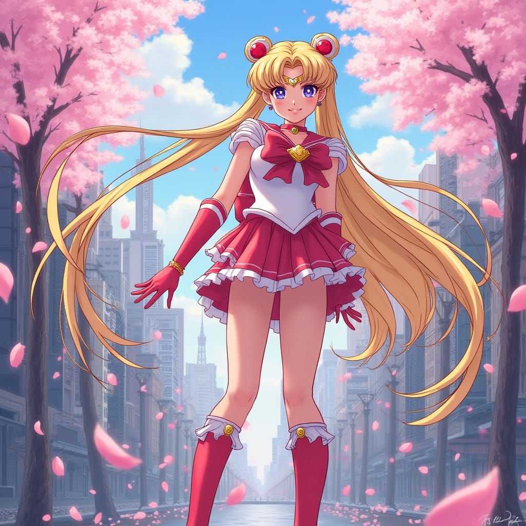 Magical Girl in Tokyo Cityscape with Cherry Blossoms