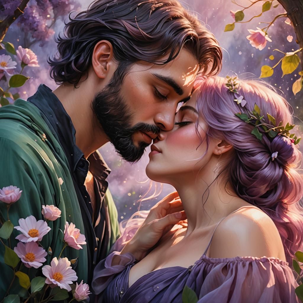 Romantic Garden Kiss in Dreamy Oil Painting Style