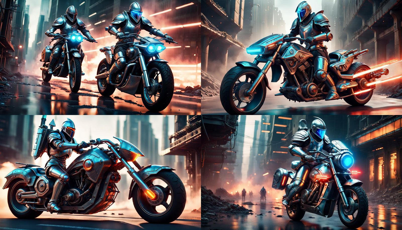 Knight Rides Futuristic Motorcycle in Dystopian World