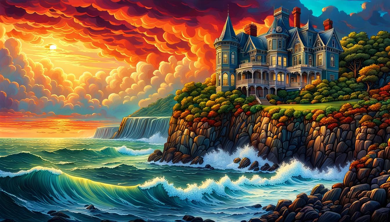 Victorian Manor at a Cliff with Stormy Ocean