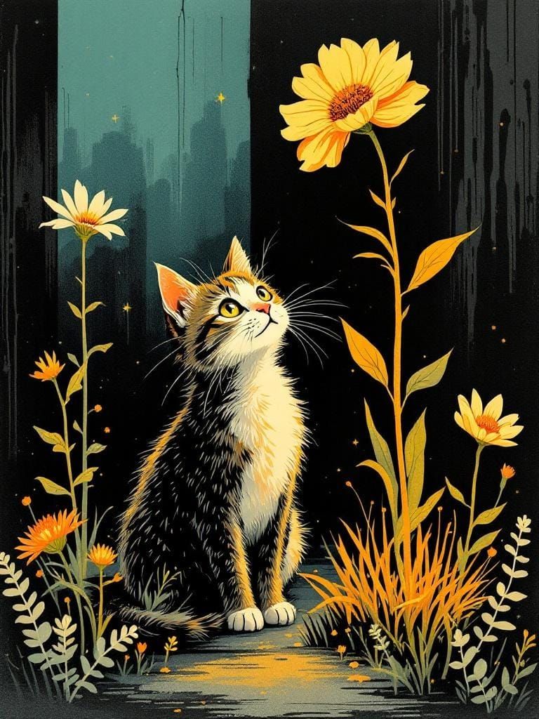 Cat Under Flower: Crosshatch Engraving with Storybook Charm