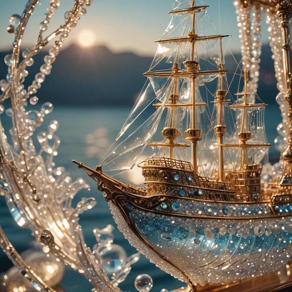 Crystal Ship on Pearl Sea at Golden Hour