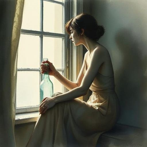 Woman Contemplating by Window in Watercolor Style