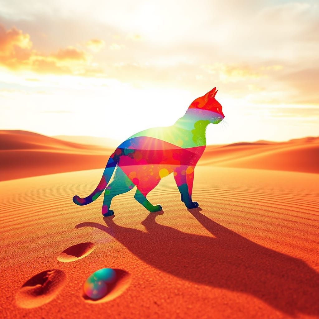 Whimsical Cat Silhouette in Desert Double Exposure