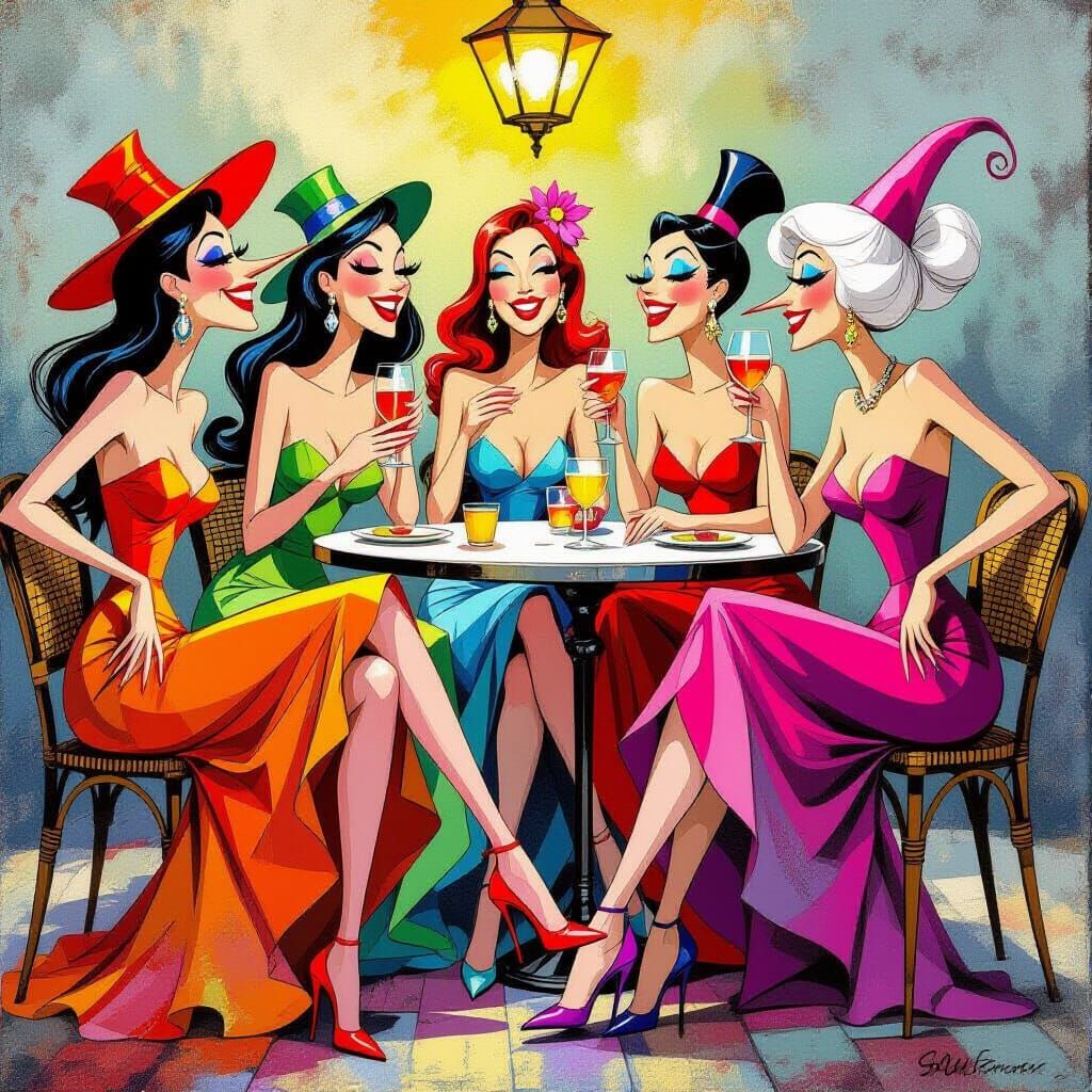 Caricature Women Enjoying Drinks in Vibrant Illustrative Sty...