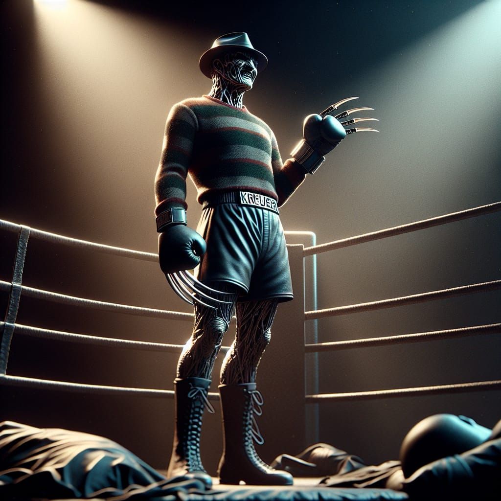 A insanely detailed cinematic perfect hyperrealistic, 32k resolution masterpiece. A powerful boxer, Freddy Krueger weari...