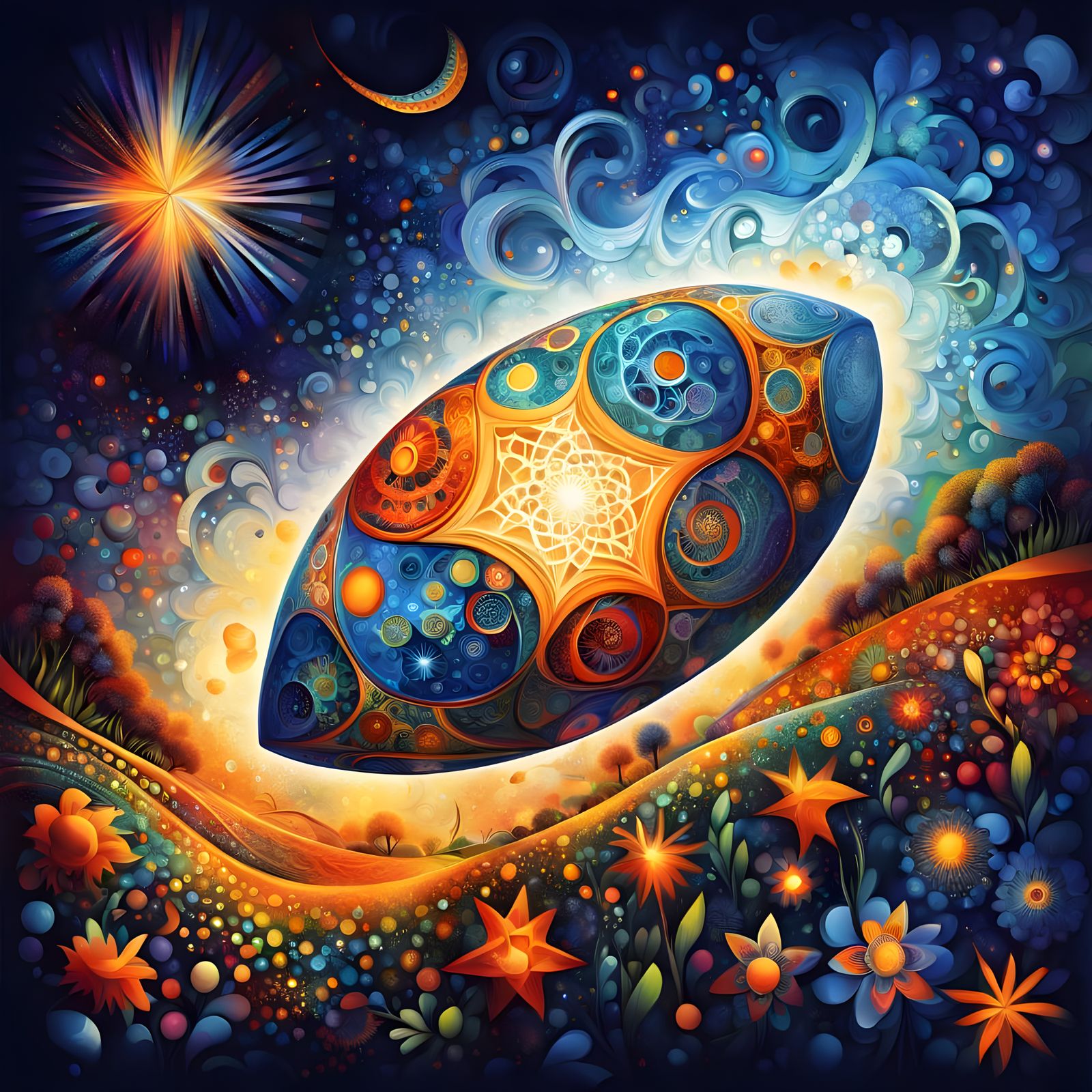 Starship Rushing Through Chagall-Inspired Starfield in Oil P...