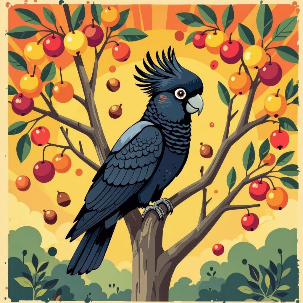 Cartoon Black Cockatoo in Gum Tree with Fruit Shower