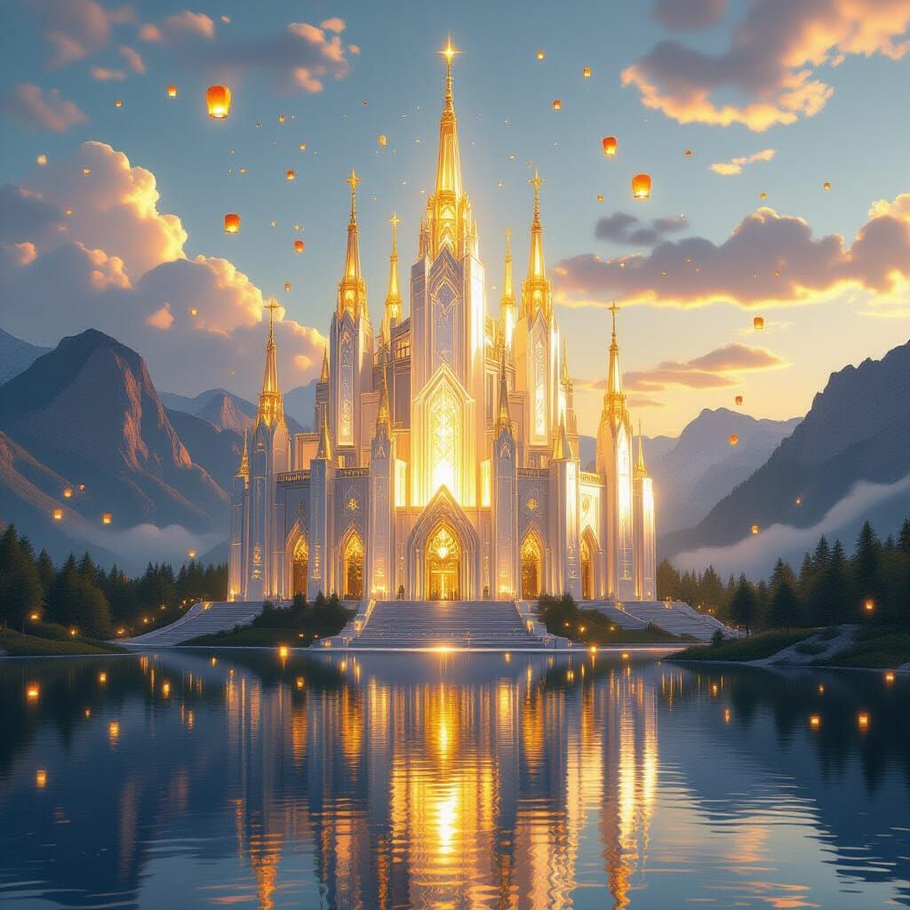 Crystal Cathedral Floating Above Lake in Magical Realism