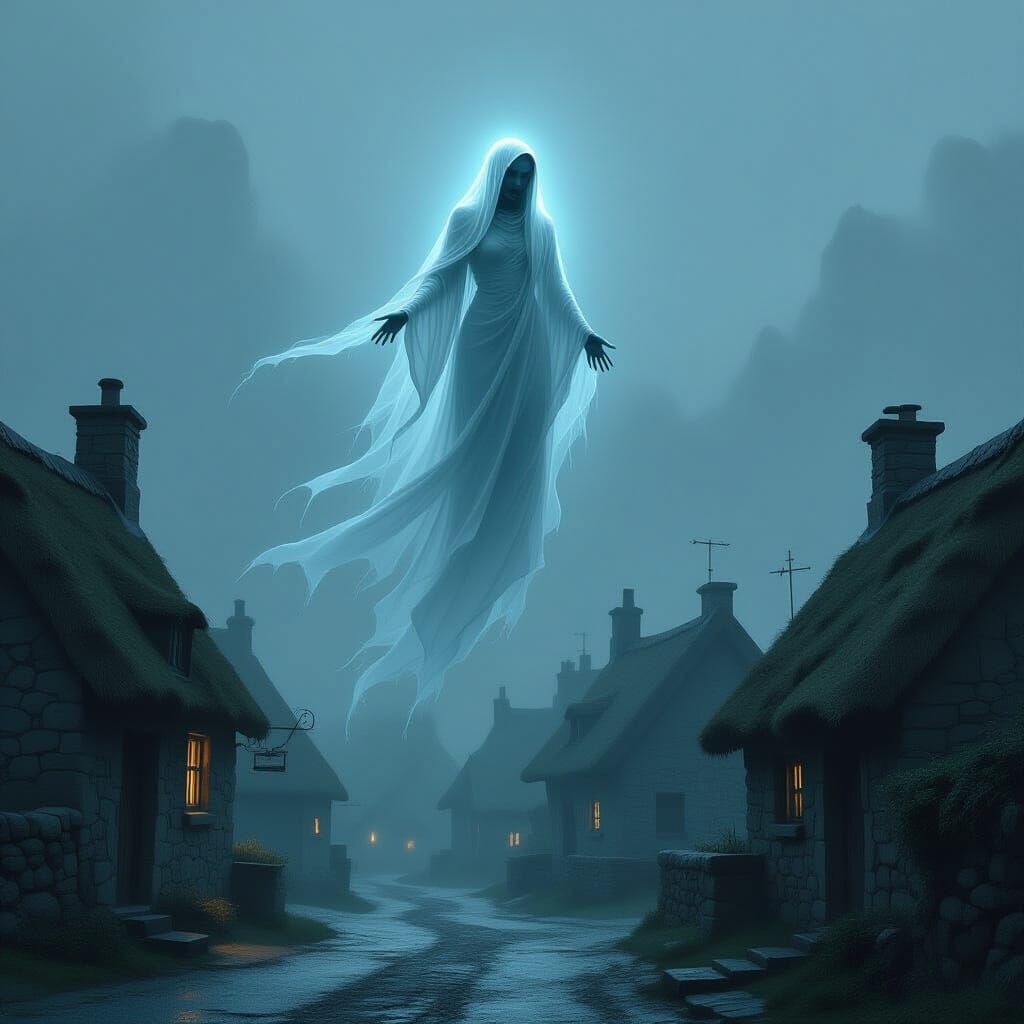 Ethereal Banshee Over Dark Irish Village in Gothic Horror St...