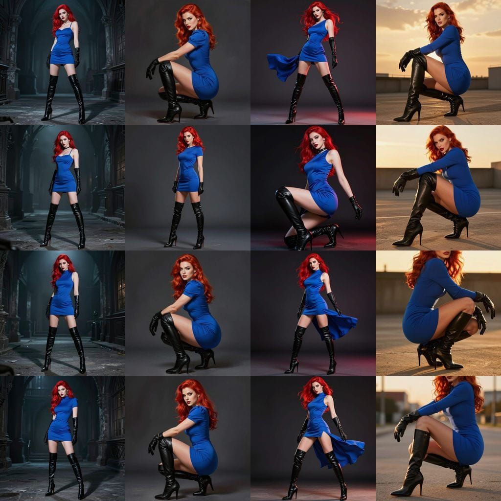 Red Haired Woman in Blue Dress and Black Leather Boots