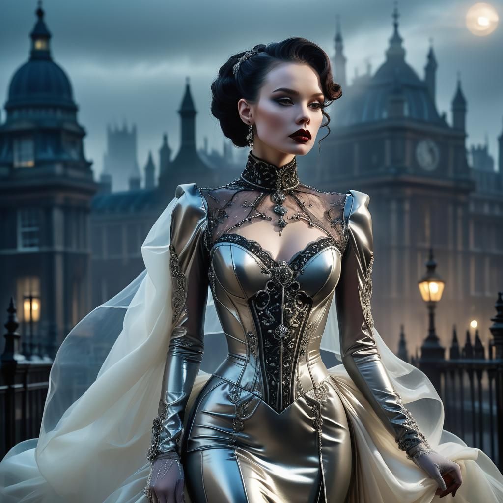Victorian Beauty in Latex Gown, Chiaroscuro Lighting