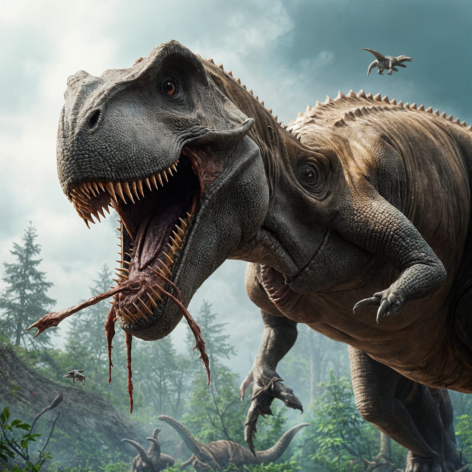 Hyperrealistic Dinosaur Battle in a Post-Apocalyptic Landsca...