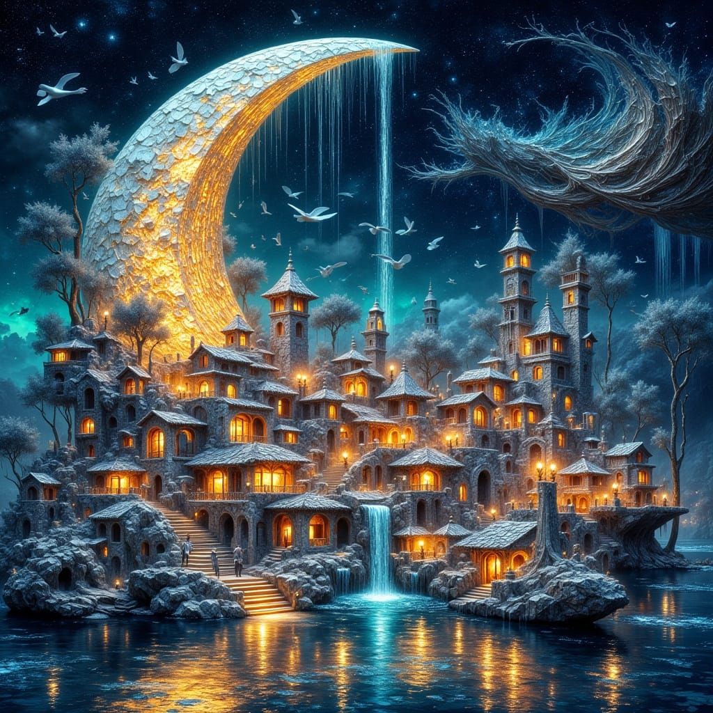 Fantasy Villa Village Inside Bioluminescent Moon