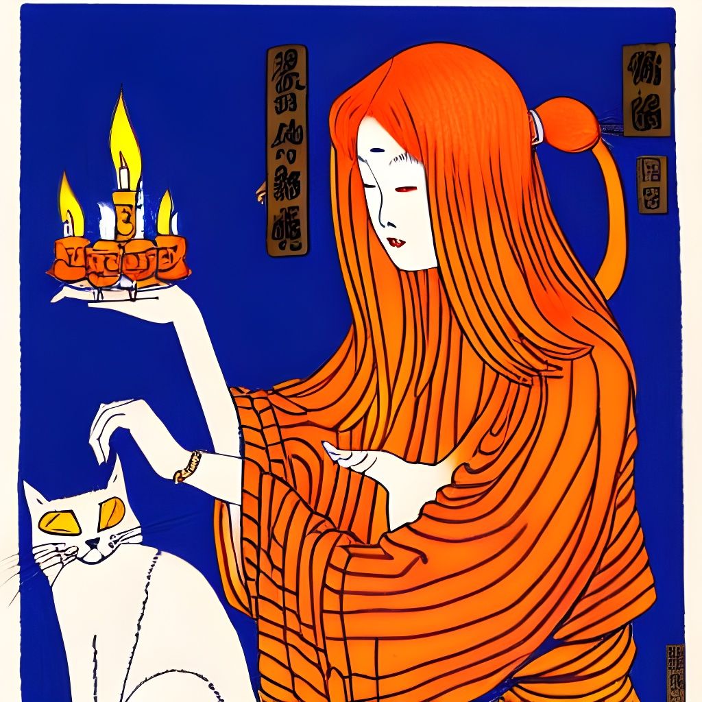 Goddess Worshipping Cats in Candlelight, Ink Drawing