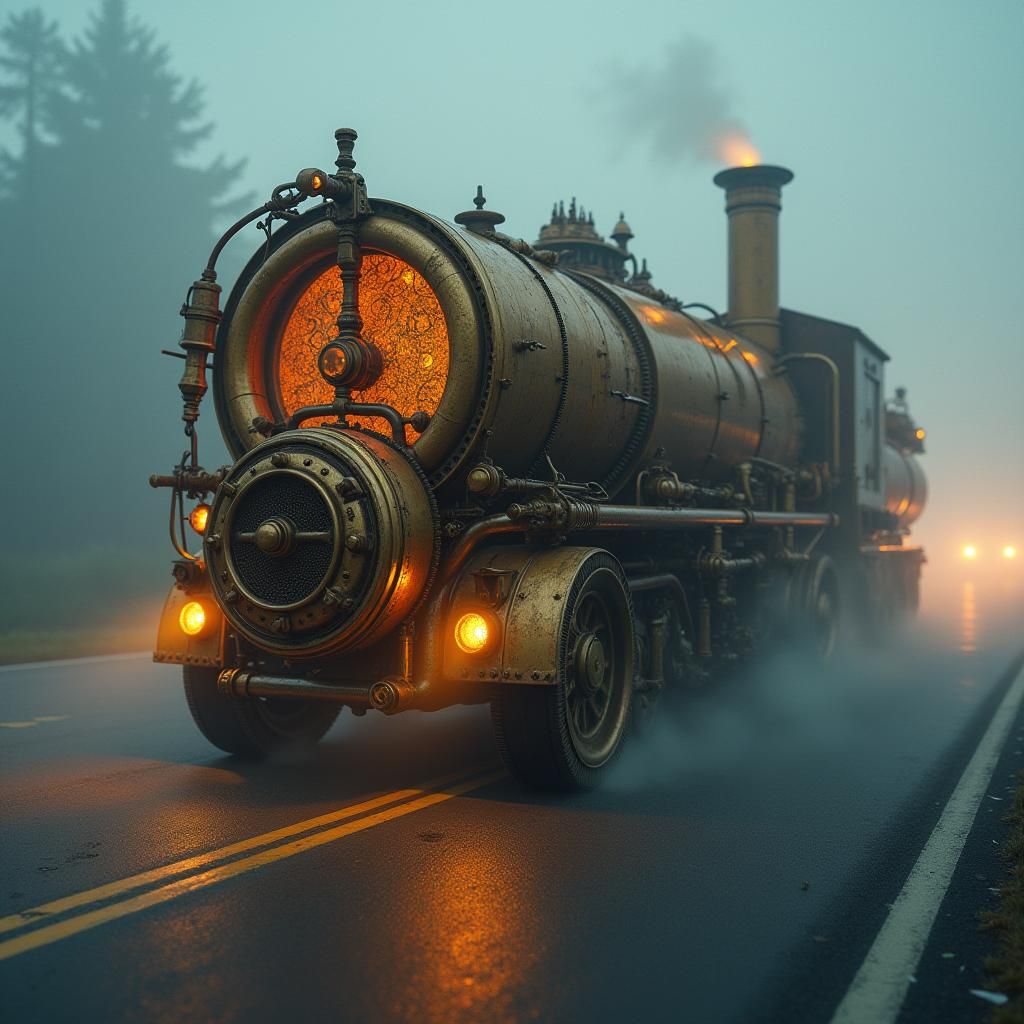 Mystical Steampunk Engine in Fog, Illuminated by Headlights