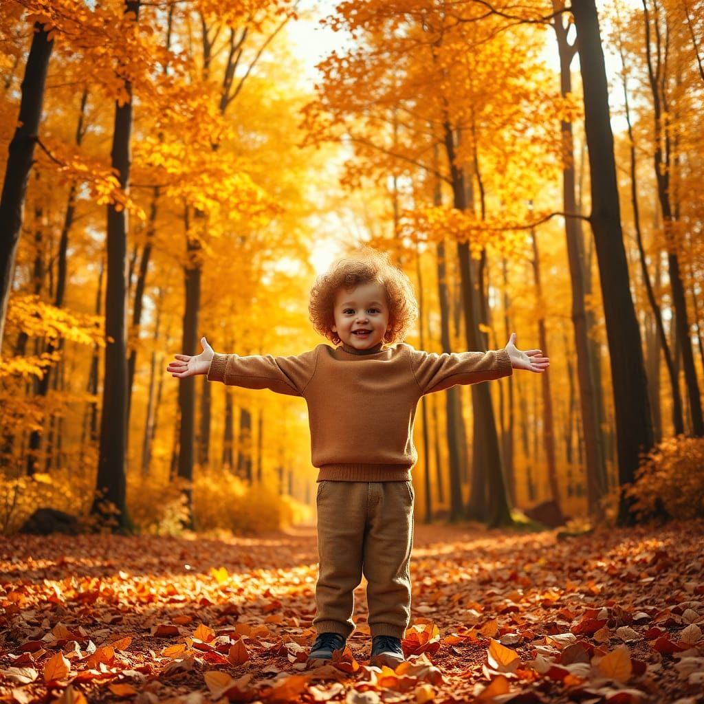 Child Embracing Autumn in Forest Landscape