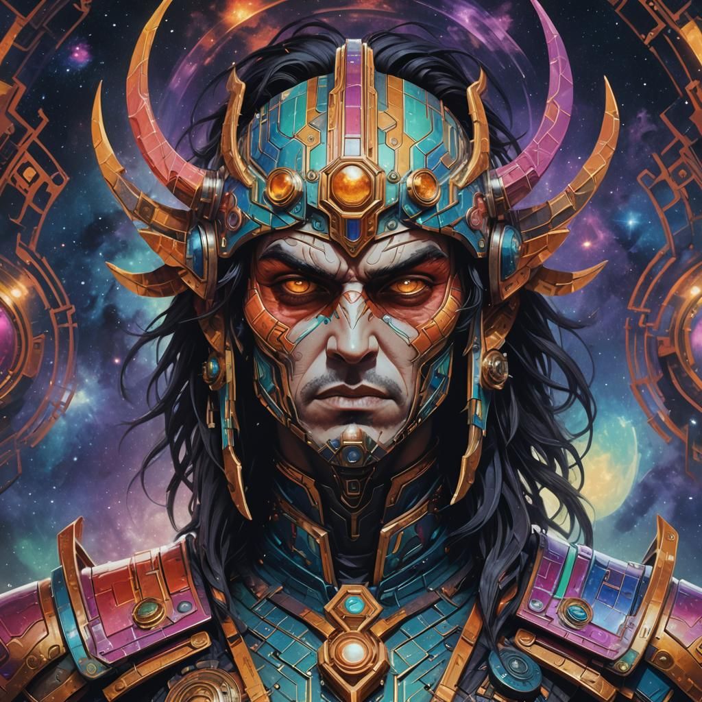 Cosmic Warrior Head-shot in Solarpunk Style