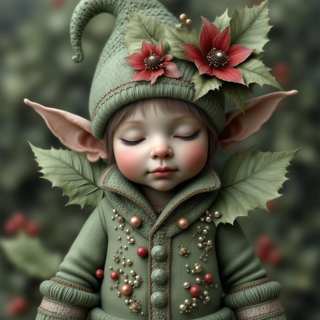 Sleeping Baby Elf in Leaf Outfit with Flowers