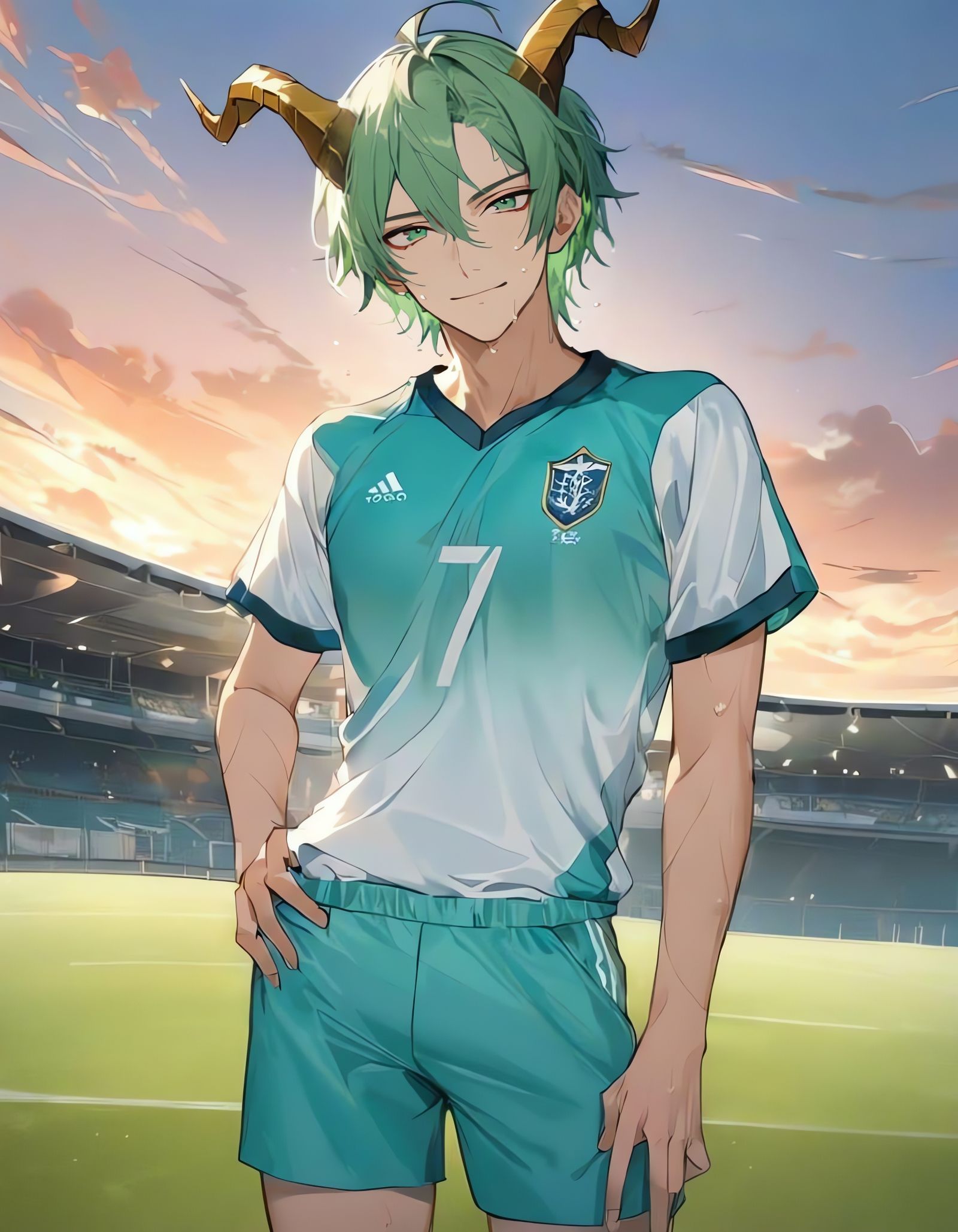 Bishounen Soccer Player with Golden Horns on Field