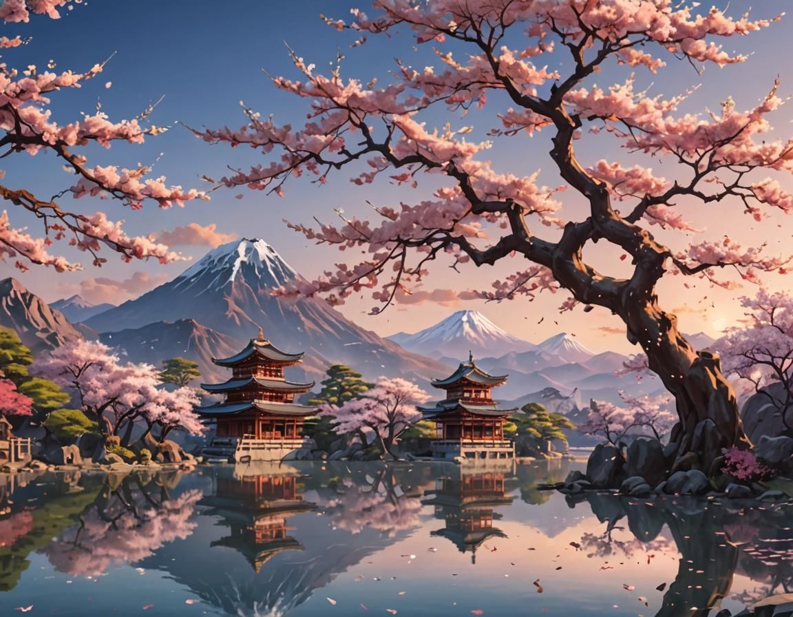 Ancient Sakura Tree with Japanese Temples in Anime Art