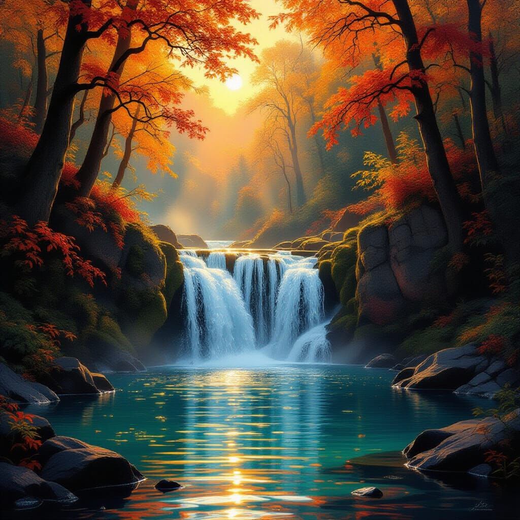 Mystical Waterfall in Glowing Autumn Forest