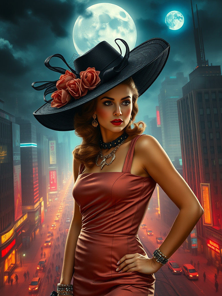 Woman in Oversized Hat in Futuristic Cityscape