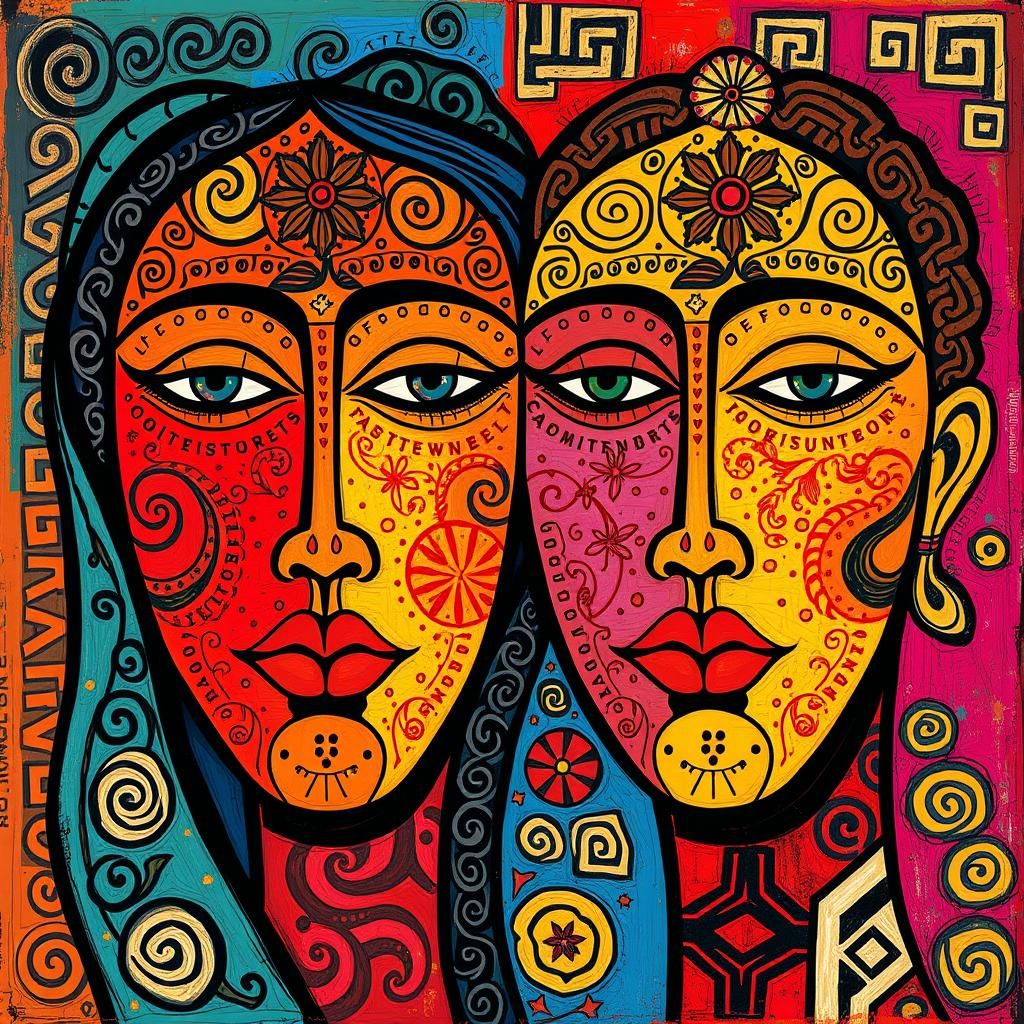 Abstract Faces with Greek Patterns and Geometric Shapes