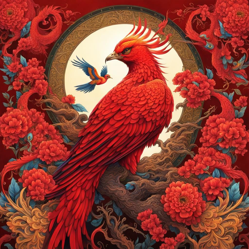 Red Phoenix and Mourning Dove in Vibrant Anime Style