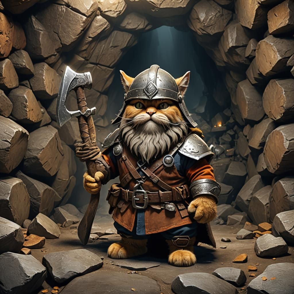 Gimli Cat Miner Warrior in Cave: Octane Render