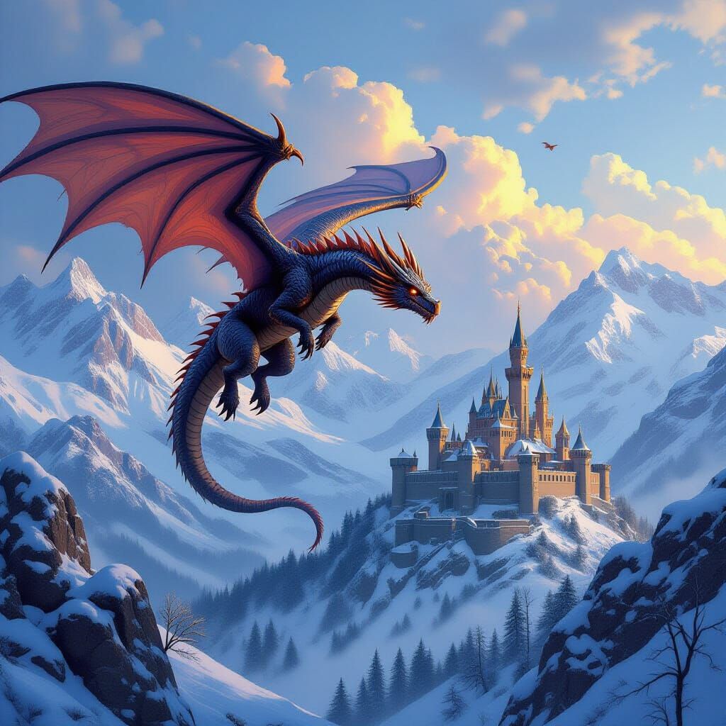 Dragon Soaring Over Snowy Mountains in Fantasy Art Style