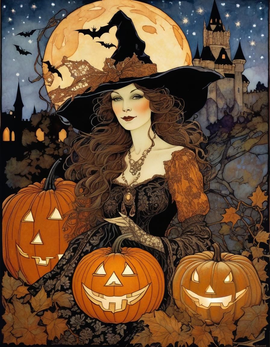 Witch Portrait with Castle, Batik and Art Nouveau Elements