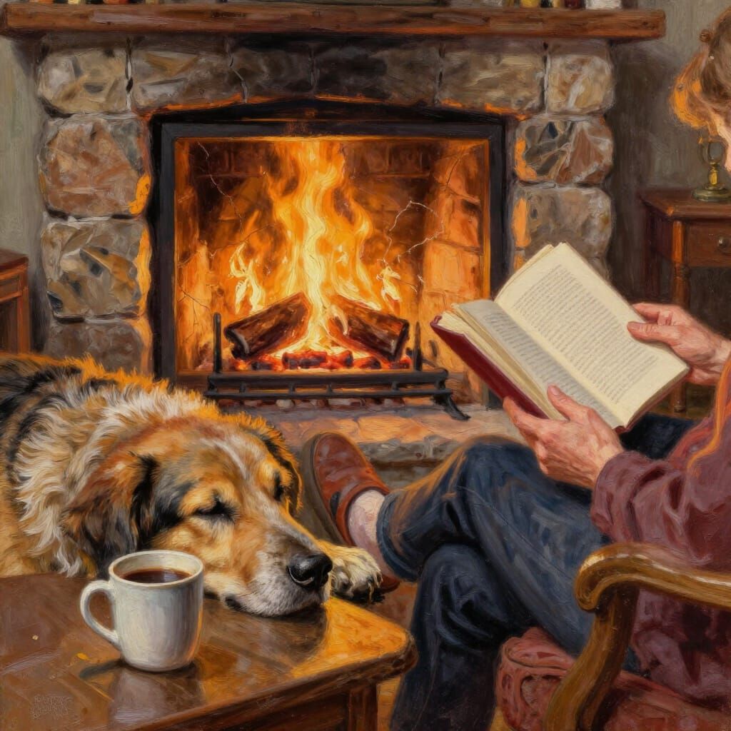 Cozy Fireside Scene: Old Dog Rests by Fireplace