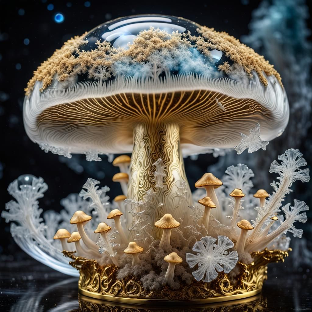 Translucent Ice Mushroom with Gold Fractal Trim
