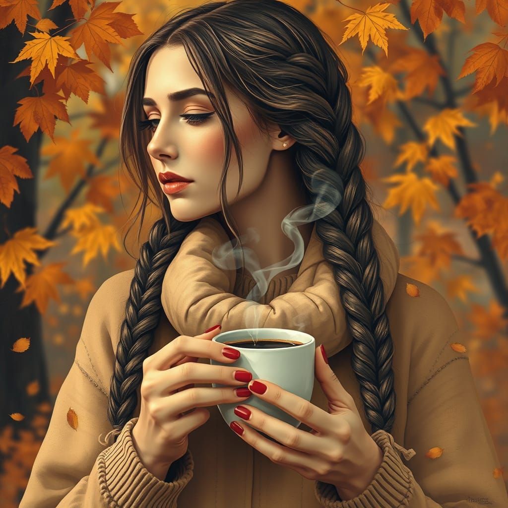 Autumn Woman with Coffee, Vintage Multimedia Art