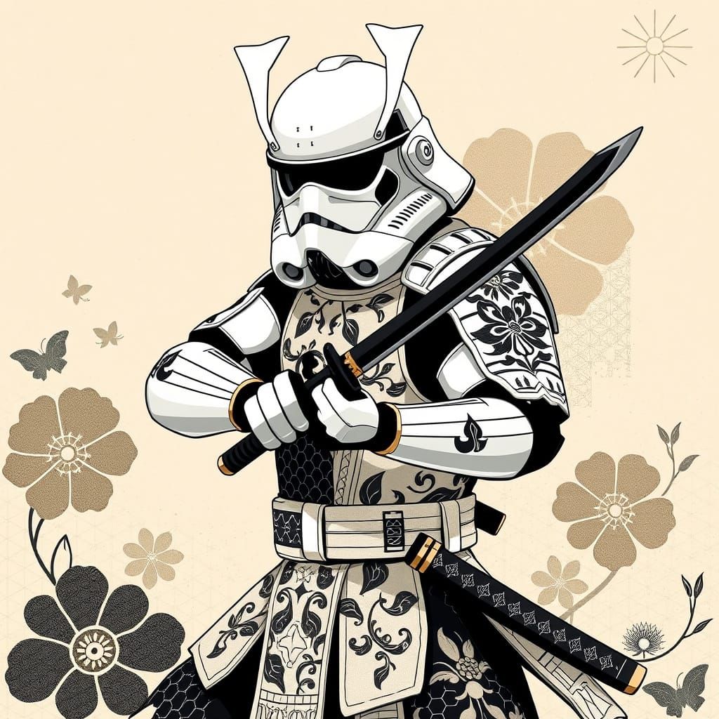 Samurai Warrior in Stormtrooper Helmet, Futuristic Style