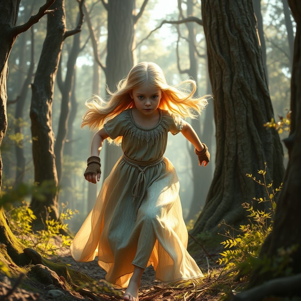 Golden Haired Girl Runs Through Enchanted Forest