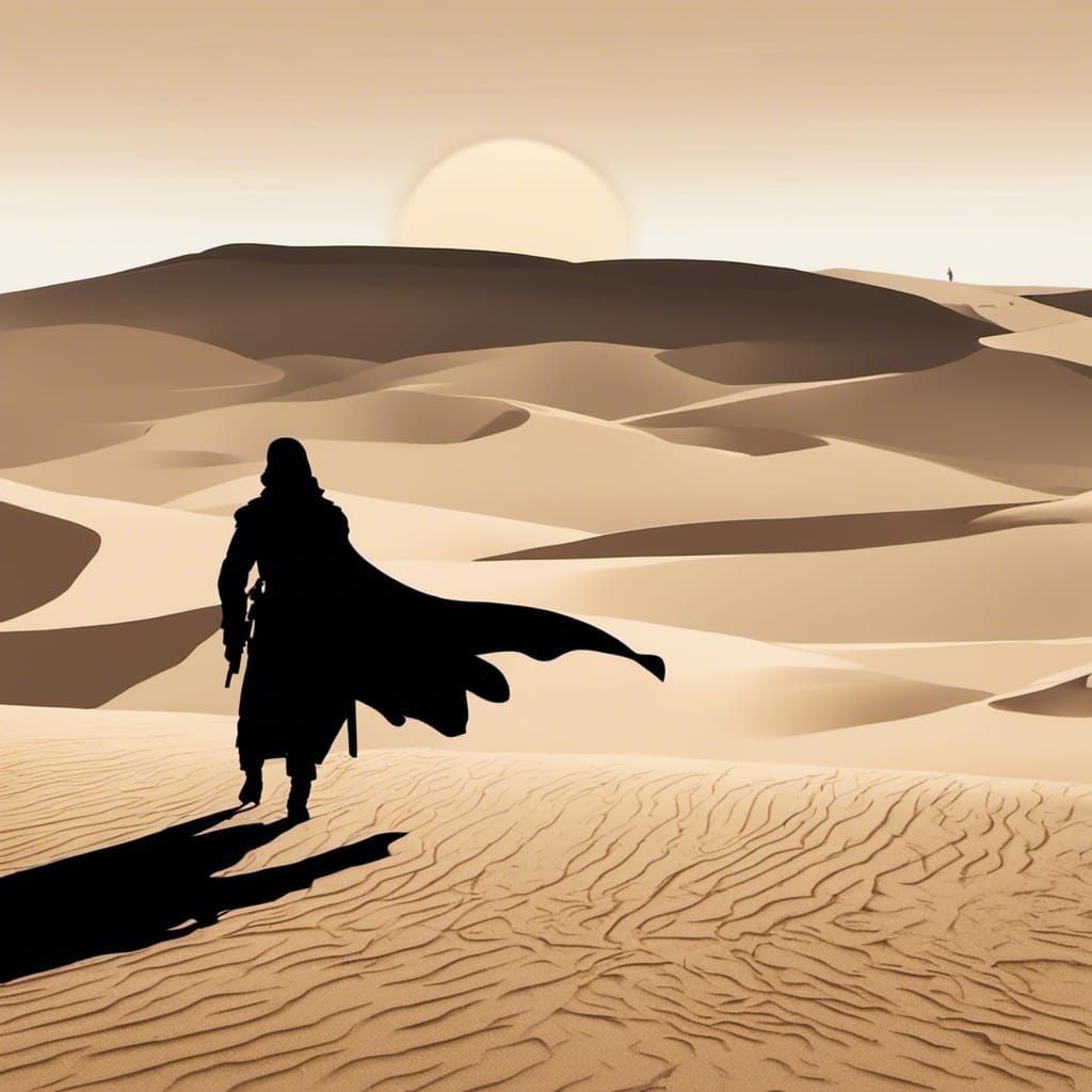 Silhouette of a Cloaked Wanderer in Desert Sunset
