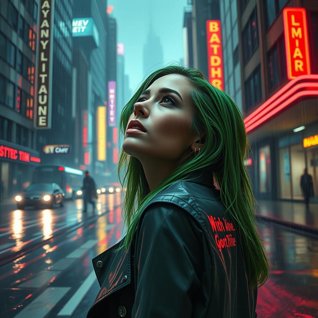 Green-Haired Woman in Dystopian Cyberpunk Cityscape