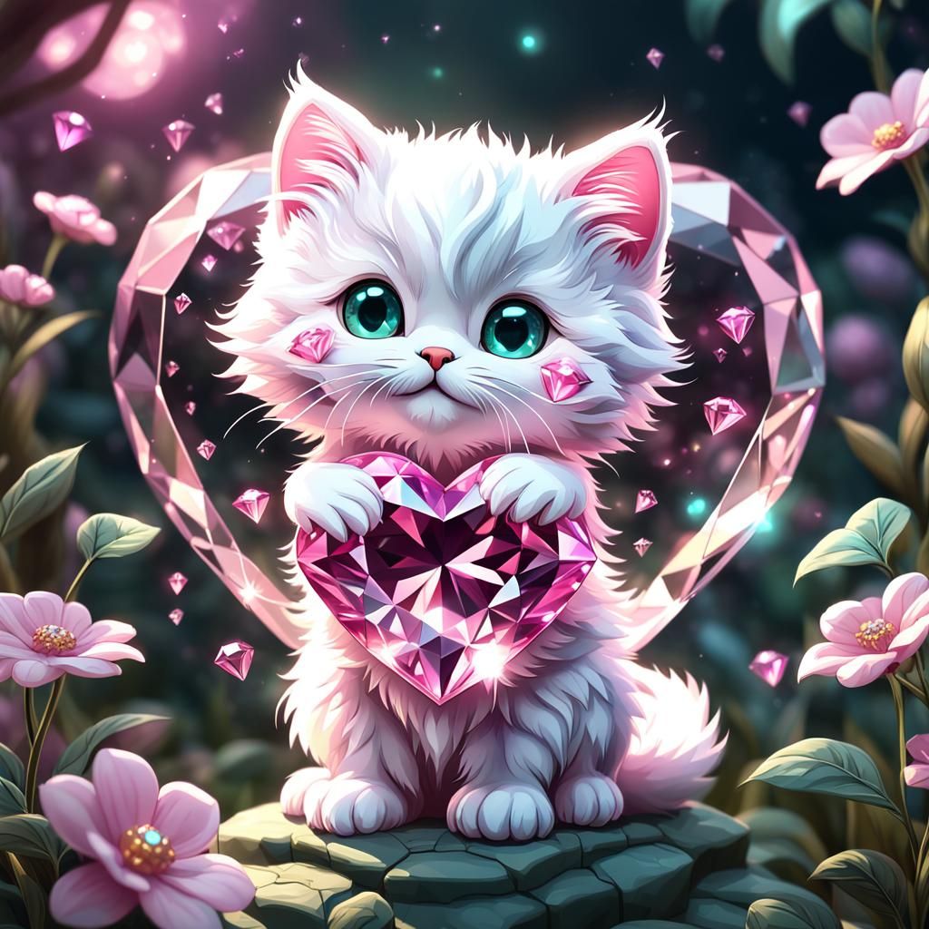 Pink Diamond Heart with Kittens, Fantasy Art