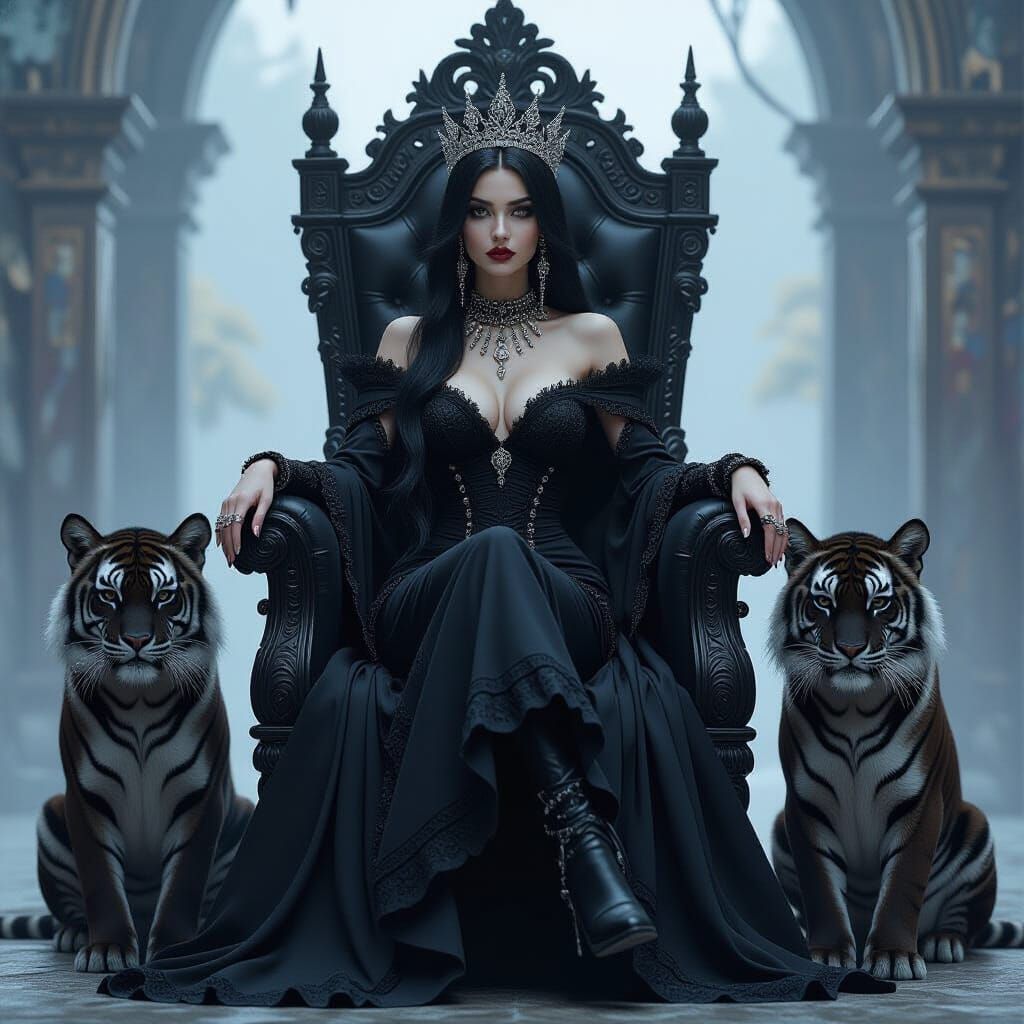 Gothic Queen on Throne with Black Tigers