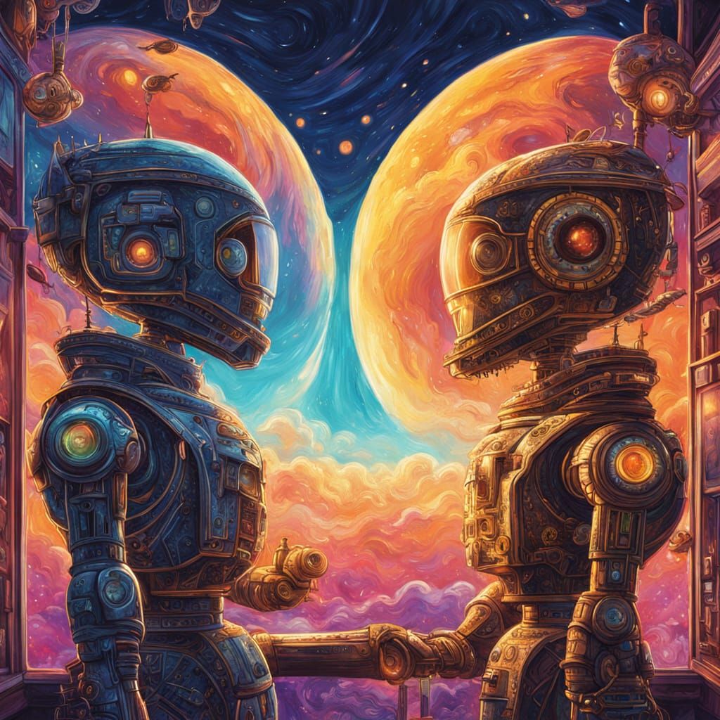 Robots Converse in Spaceship: Surreal Cosmic Art
