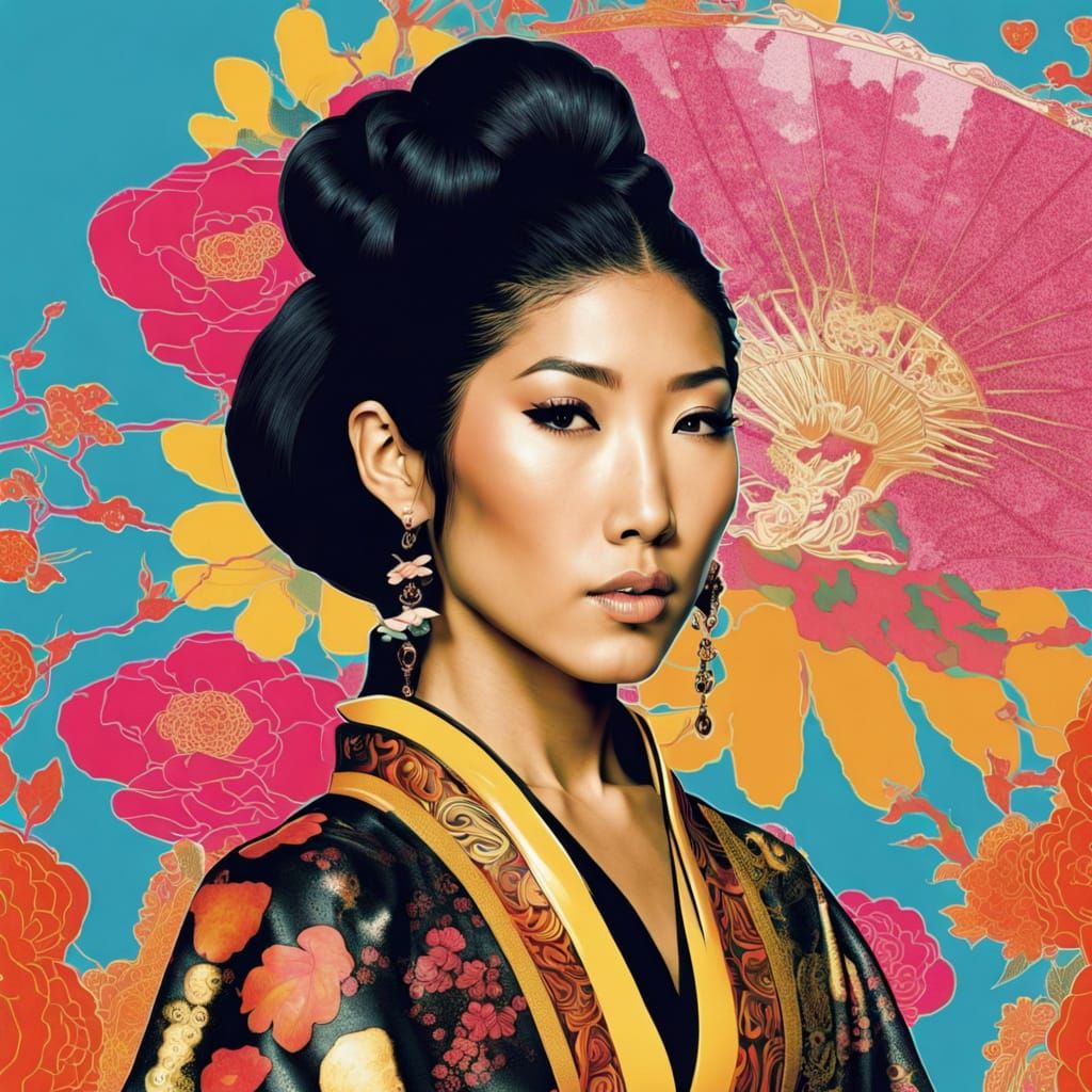 Geisha Punk Portrait in Vibrant Colors and Bold Lines