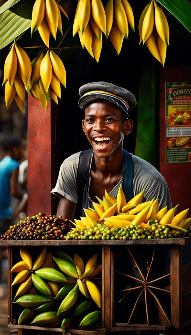 Energetic Carambola Vendor Portrait in Hyper-Realistic Detai...