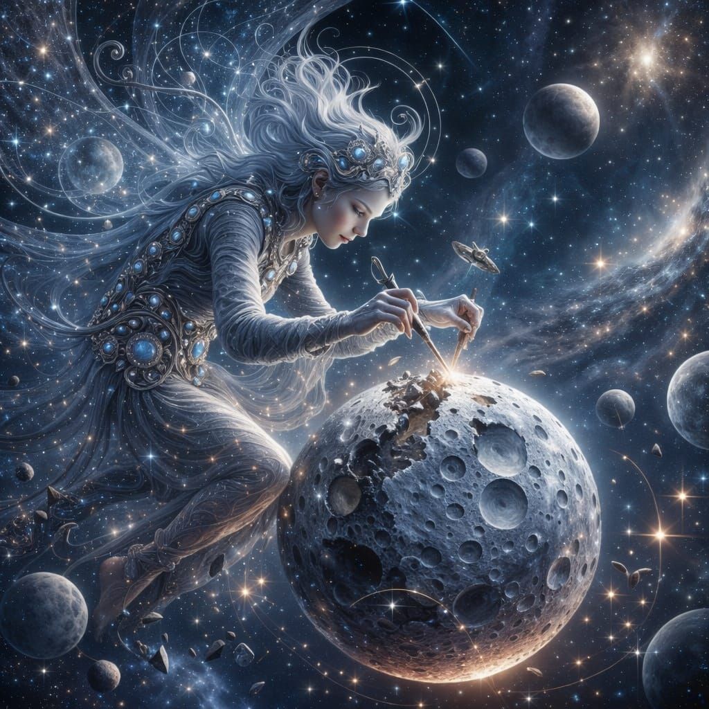 Celestial Craftsman Mends Fractured Moon in Starry Cosmos