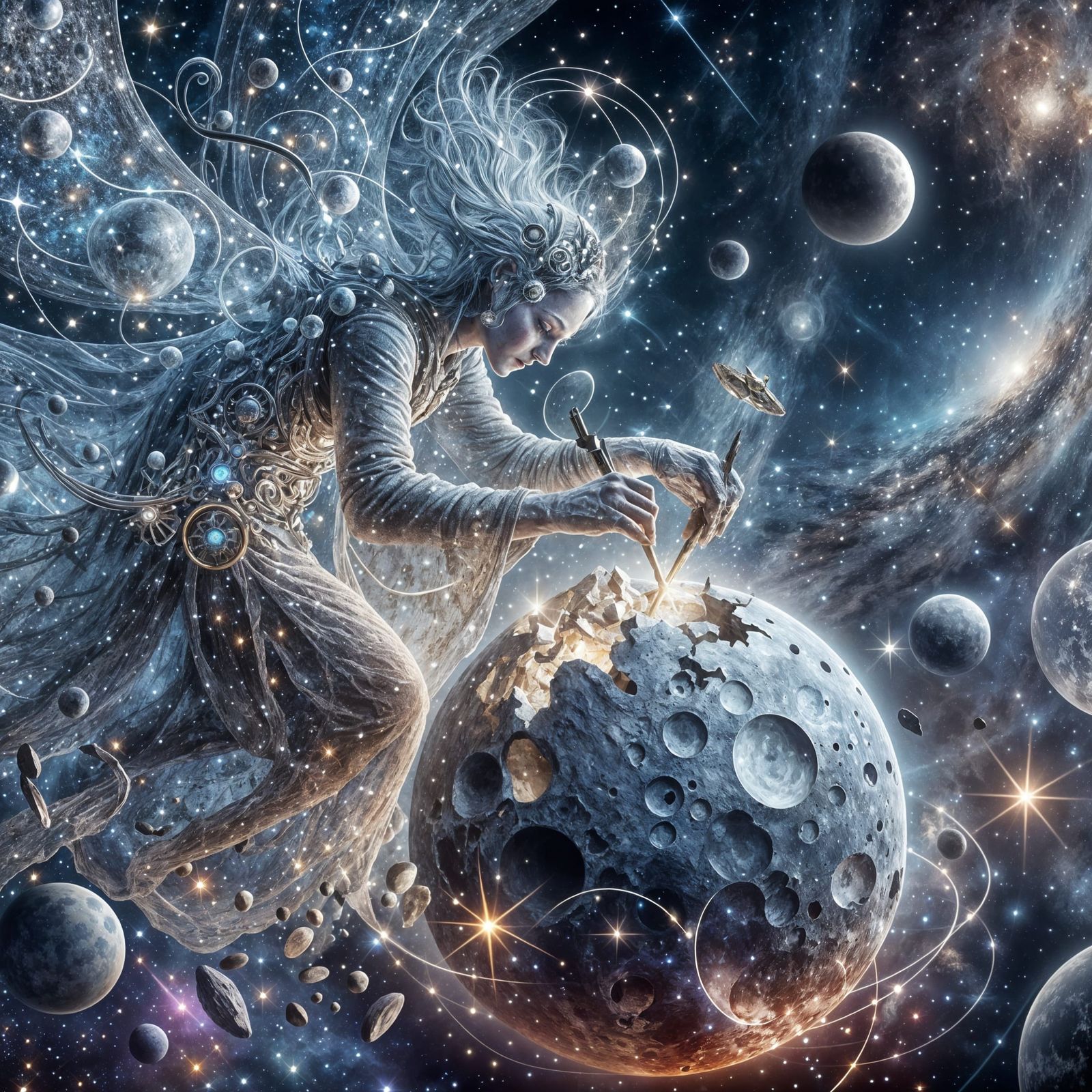 Celestial Craftsman Mends Fractured Moon in Starry Cosmos