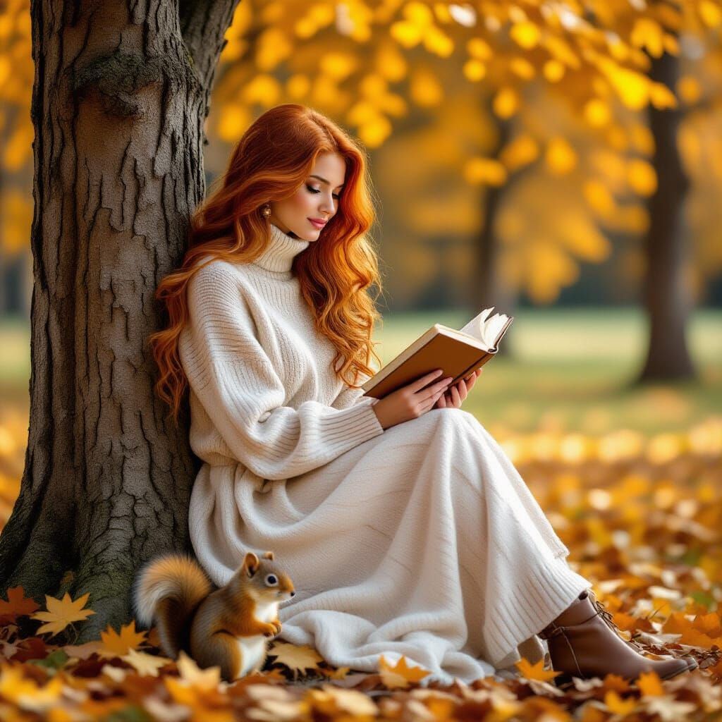 Stunning Redhead Woman Reads by Tree Stump in Autumn