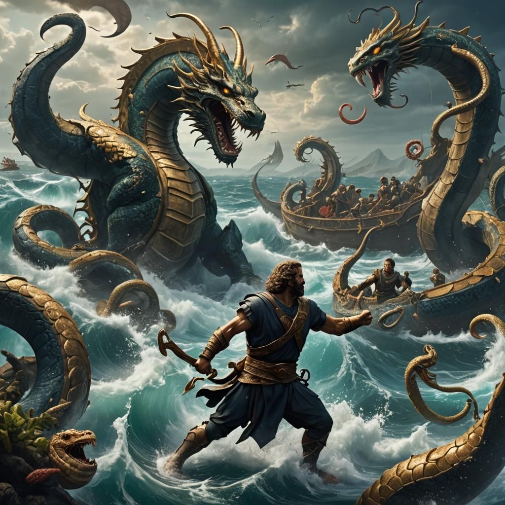 Odysseus Battles a Sea Serpent: Detailed Matte Painting
