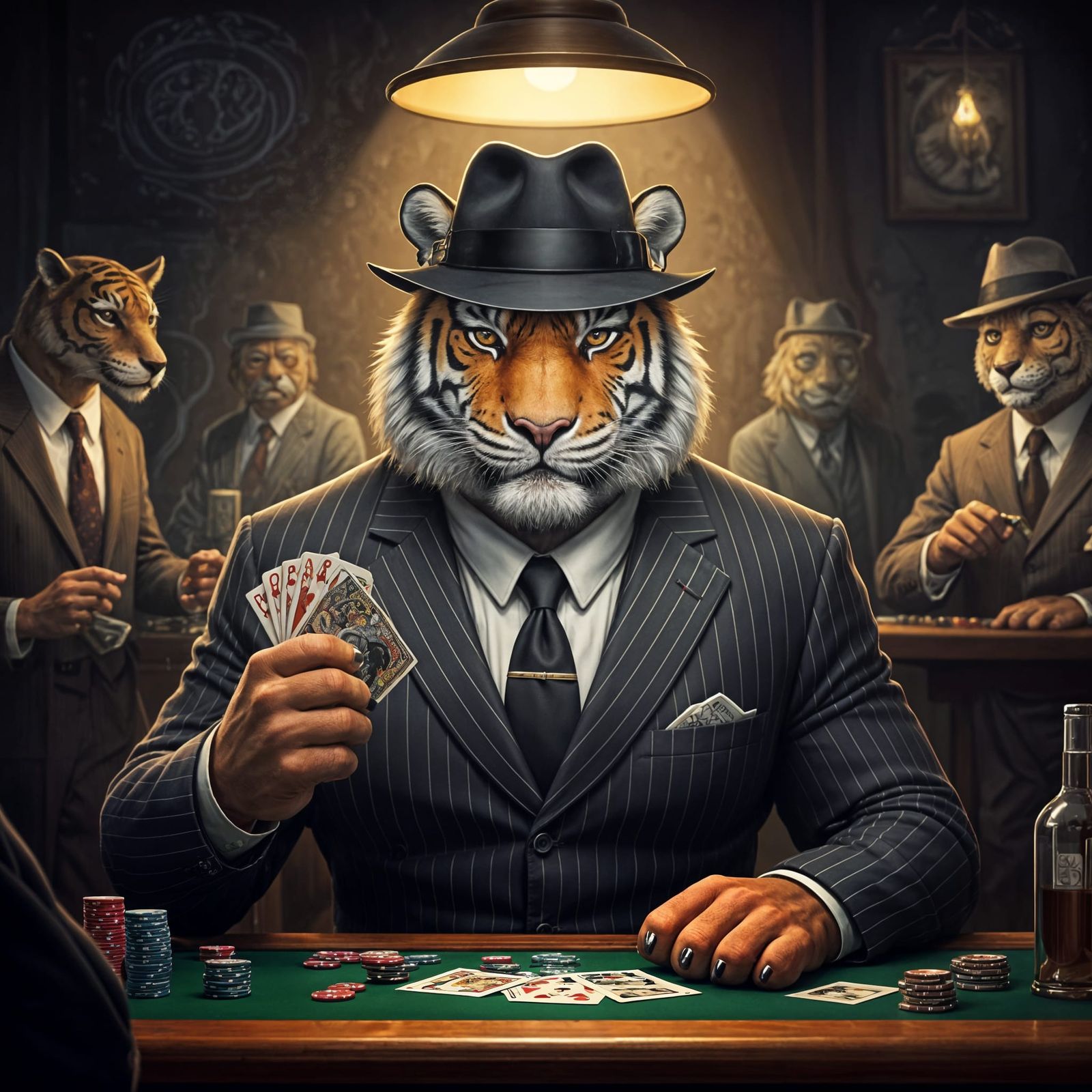 Tiger Mob Boss in Smoky Poker Game, Noir Style