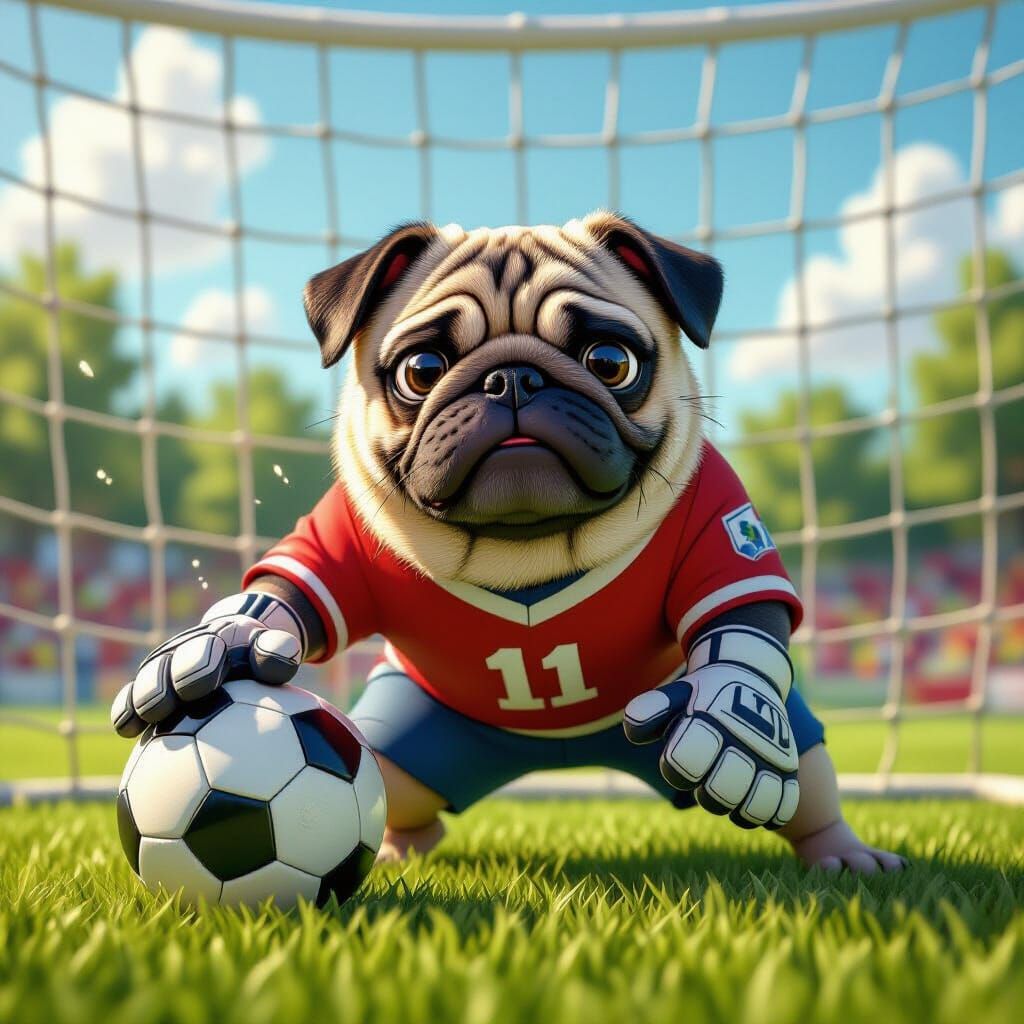 Pug Goalie Fiercely Blocks Soccer Ball in Cartoon Style
